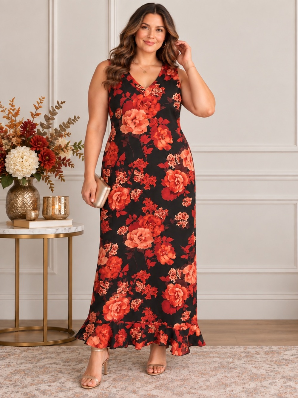 Vintage Y2K Floral Chiffon Maxi Dress Fall Wedding Guest XL
